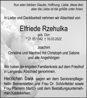 Traueranzeige von Elfriede Rzehulka von SÜDWEST PRESSE Ausgabe Ulm/Neu-Ulm