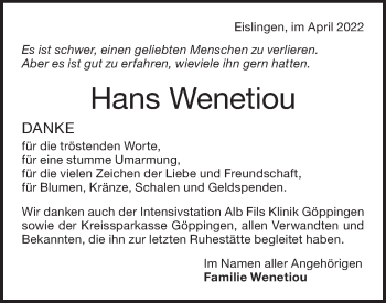 Traueranzeige von Hans Wenetiou von NWZ Neue Württembergische Zeitung