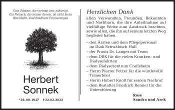 Traueranzeige von Herbert Sonnek von Hohenloher Tagblatt