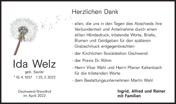 Traueranzeige von Ida Welz von Rundschau Gaildorf