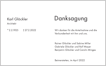 Traueranzeige von Karl Glöckler von SÜDWEST PRESSE Ausgabe Ulm/Neu-Ulm