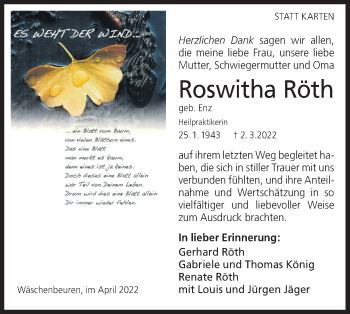 Traueranzeige von Roswitha Röth von NWZ Neue Württembergische Zeitung