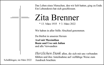 Traueranzeige von Zita Brenner von Ehinger Tagblatt