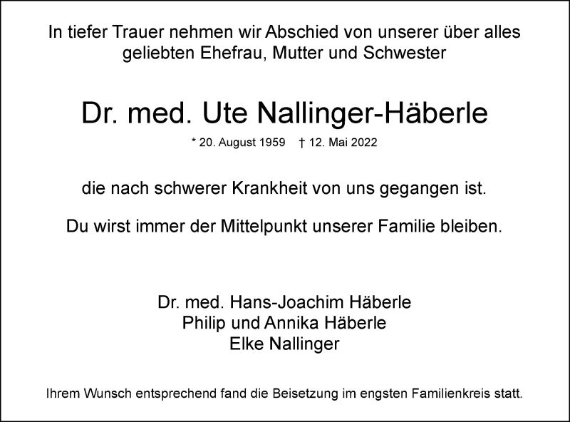  Traueranzeige für Ute Nallinger-Häberle vom 21.05.2022 aus SÜDWEST PRESSE Ausgabe Ulm/Neu-Ulm