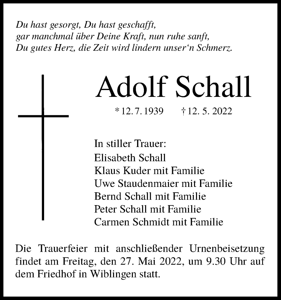  Traueranzeige für Adolf Schall vom 21.05.2022 aus SÜDWEST PRESSE Ausgabe Ulm/Neu-Ulm
