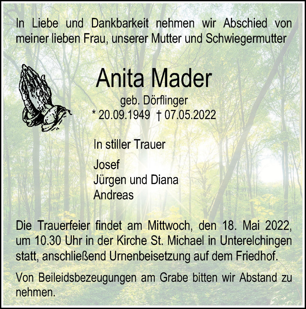  Traueranzeige für Anita Mader vom 14.05.2022 aus SÜDWEST PRESSE Ausgabe Ulm/Neu-Ulm