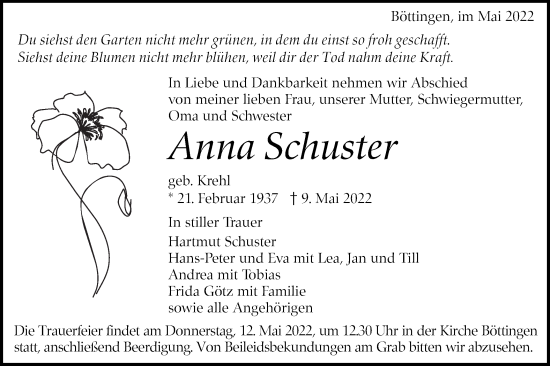 Traueranzeige von Anna Schuster von Alb-Bote/Metzinger-Uracher Volksblatt