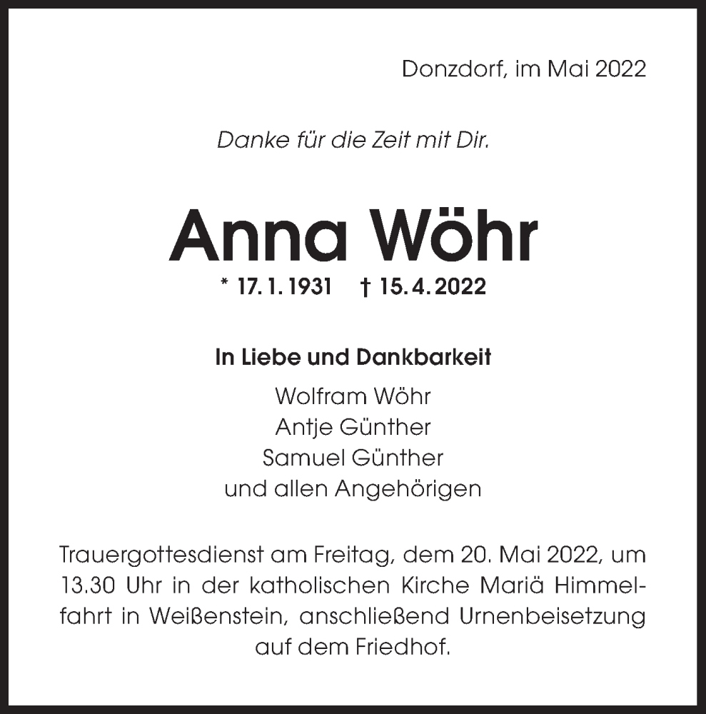  Traueranzeige für Anna Wöhr vom 14.05.2022 aus NWZ Neue Württembergische Zeitung