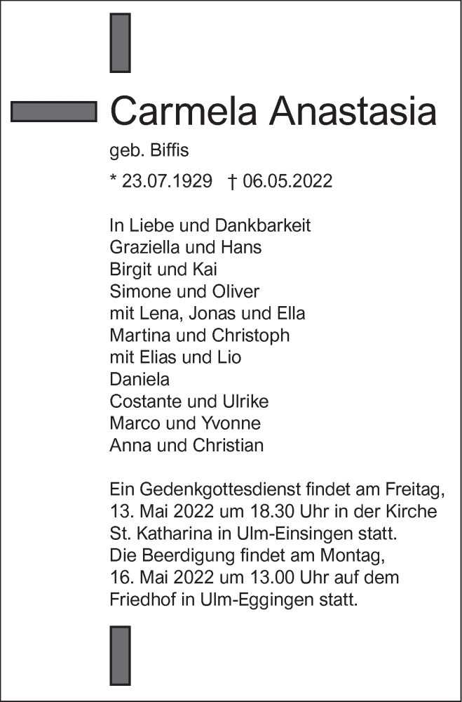  Traueranzeige für Carmela Anastasia vom 11.05.2022 aus SÜDWEST PRESSE Ausgabe Ulm/Neu-Ulm