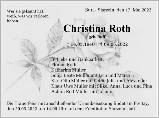 Traueranzeige von Christina Roth von Metzinger-Uracher Volksblatt