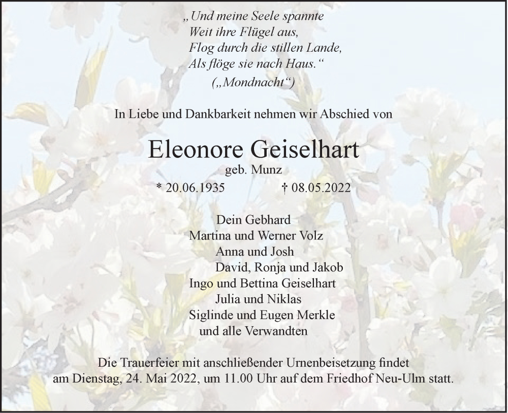  Traueranzeige für Eleonore Geiselhart vom 14.05.2022 aus SÜDWEST PRESSE Ausgabe Ulm/Neu-Ulm