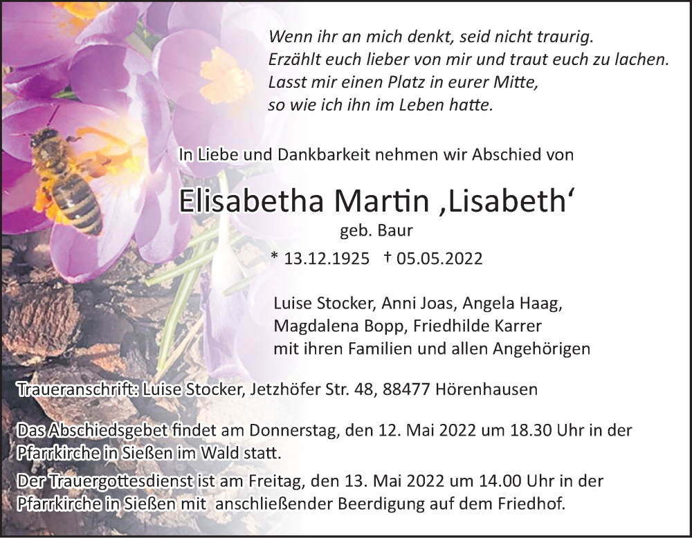  Traueranzeige für Elisabetha Martin vom 10.05.2022 aus SÜDWEST PRESSE Ausgabe Ulm/Neu-Ulm