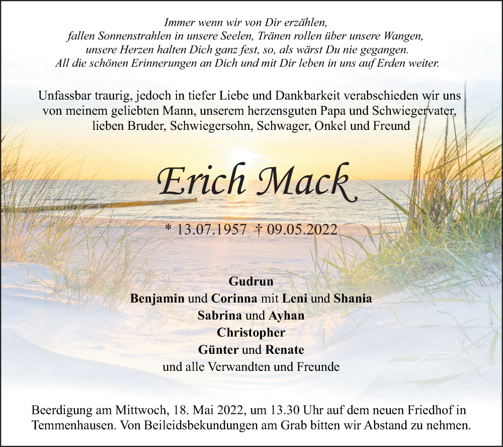  Traueranzeige für Erich Mack vom 13.05.2022 aus SÜDWEST PRESSE Ausgabe Ulm/Neu-Ulm