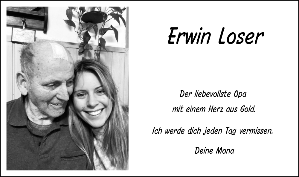  Traueranzeige für Erwin Loser vom 11.05.2022 aus SÜDWEST PRESSE Ausgabe Ulm/Neu-Ulm