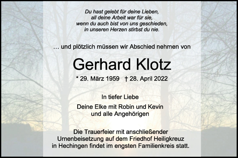  Traueranzeige für Gerhard Klotz vom 02.05.2022 aus Metzinger-Uracher Volksblatt