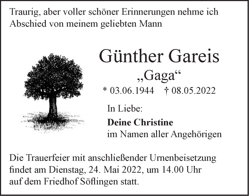  Traueranzeige für Günther Gareis vom 14.05.2022 aus SÜDWEST PRESSE Ausgabe Ulm/Neu-Ulm