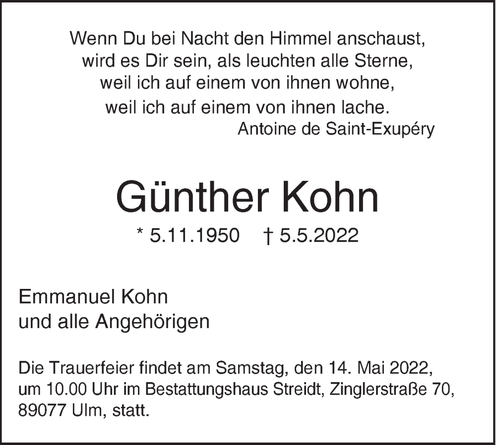  Traueranzeige für Günther Kohn vom 12.05.2022 aus SÜDWEST PRESSE Ausgabe Ulm/Neu-Ulm