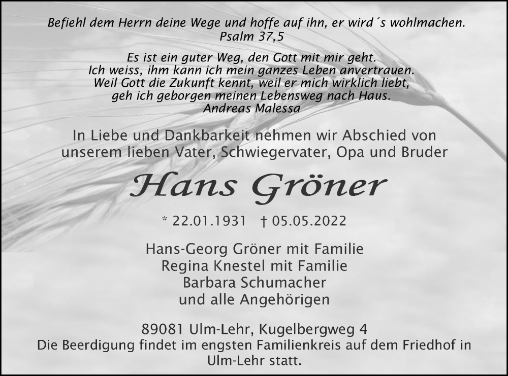 Traueranzeige für Hans Gröner vom 14.05.2022 aus SÜDWEST PRESSE Ausgabe Ulm/Neu-Ulm