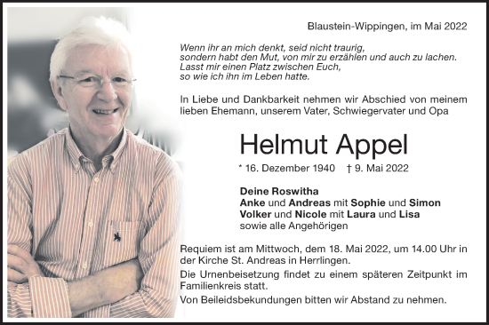 Traueranzeige von Helmut Appel von SÜDWEST PRESSE Ausgabe Ulm/Neu-Ulm
