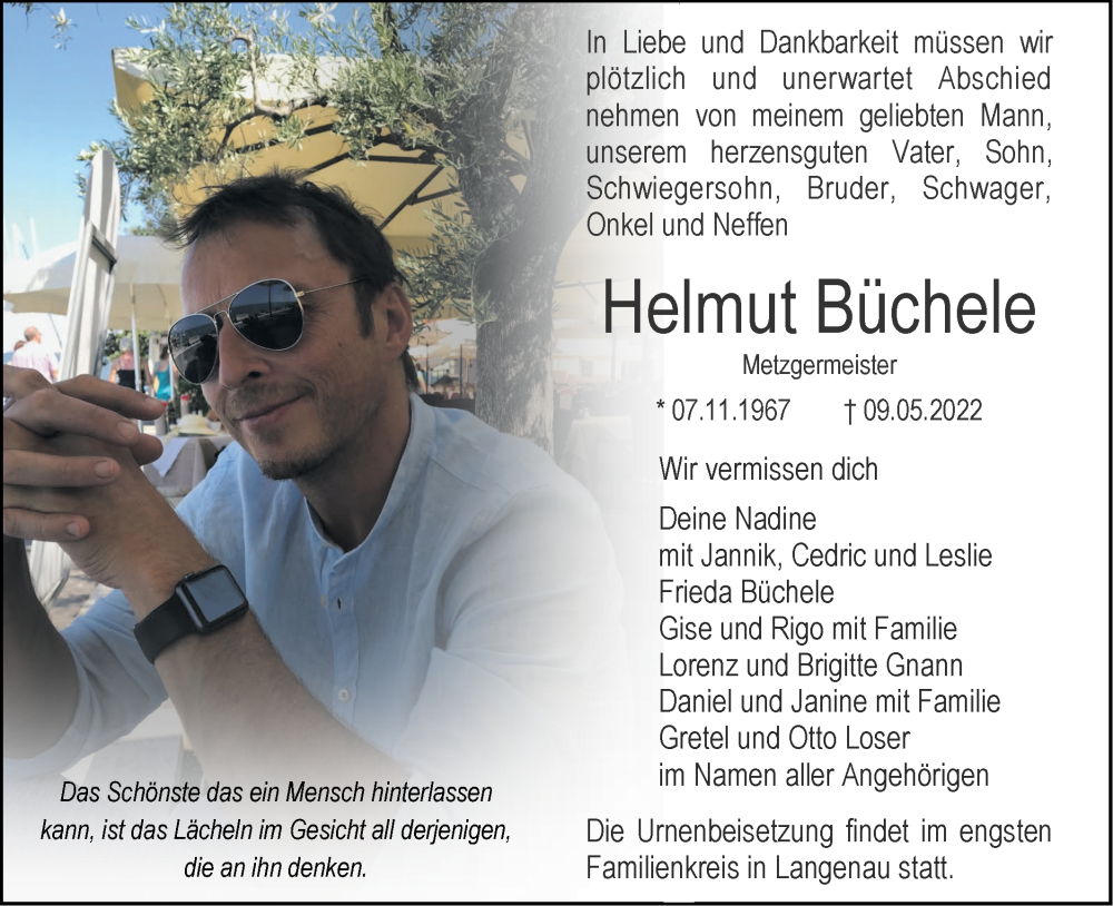  Traueranzeige für Helmut Büchele vom 14.05.2022 aus SÜDWEST PRESSE Ausgabe Ulm/Neu-Ulm