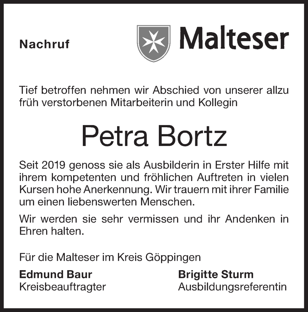  Traueranzeige für Petra Bortz vom 19.05.2022 aus NWZ Neue Württembergische Zeitung