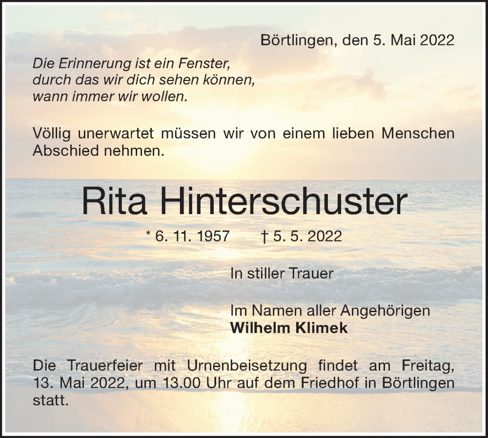  Traueranzeige für Rita Hinterschuster vom 11.05.2022 aus NWZ Neue Württembergische Zeitung
