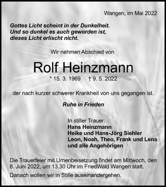 Traueranzeige von Rolf Heinzmann von NWZ Neue Württembergische Zeitung