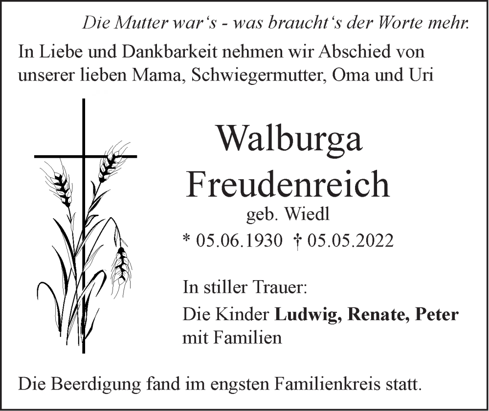  Traueranzeige für Walburga Freudenreich vom 14.05.2022 aus SÜDWEST PRESSE Ausgabe Ulm/Neu-Ulm