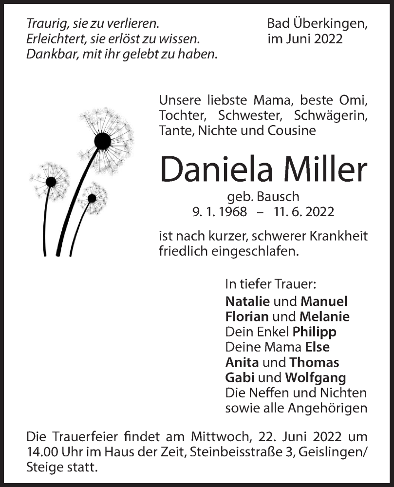  Traueranzeige für Daniela Miller vom 18.06.2022 aus Geislinger Zeitung