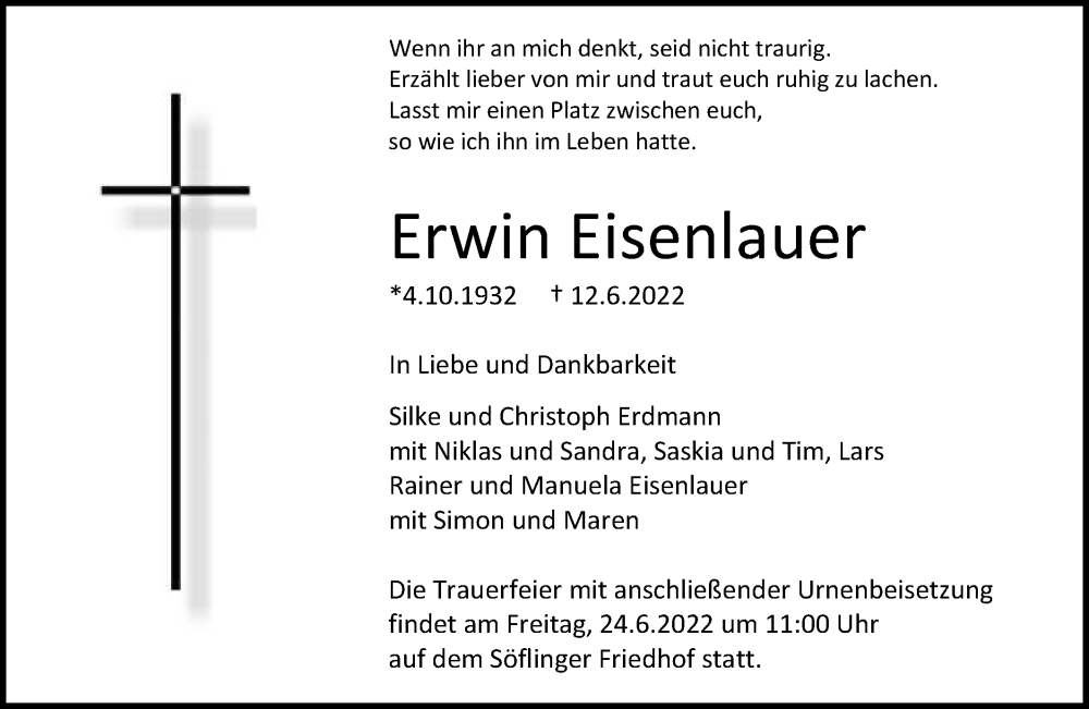  Traueranzeige für Erwin Eisenlauer vom 18.06.2022 aus SÜDWEST PRESSE Ausgabe Ulm/Neu-Ulm