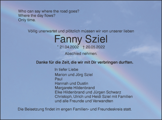 Traueranzeige von Fanny Sziel von SÜDWEST PRESSE Ausgabe Ulm/Neu-Ulm