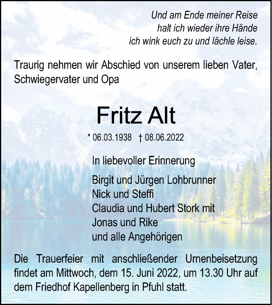  Traueranzeige für Fritz Alt vom 11.06.2022 aus SÜDWEST PRESSE Ausgabe Ulm/Neu-Ulm
