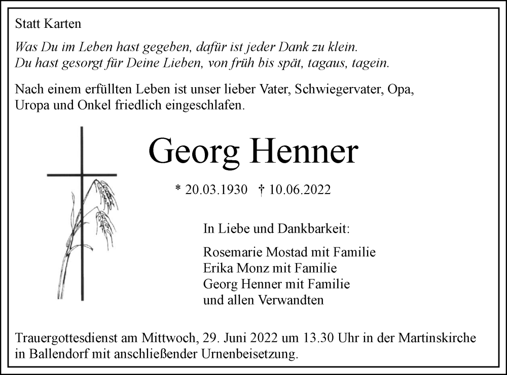  Traueranzeige für Georg Henner vom 24.06.2022 aus SÜDWEST PRESSE Ausgabe Ulm/Neu-Ulm