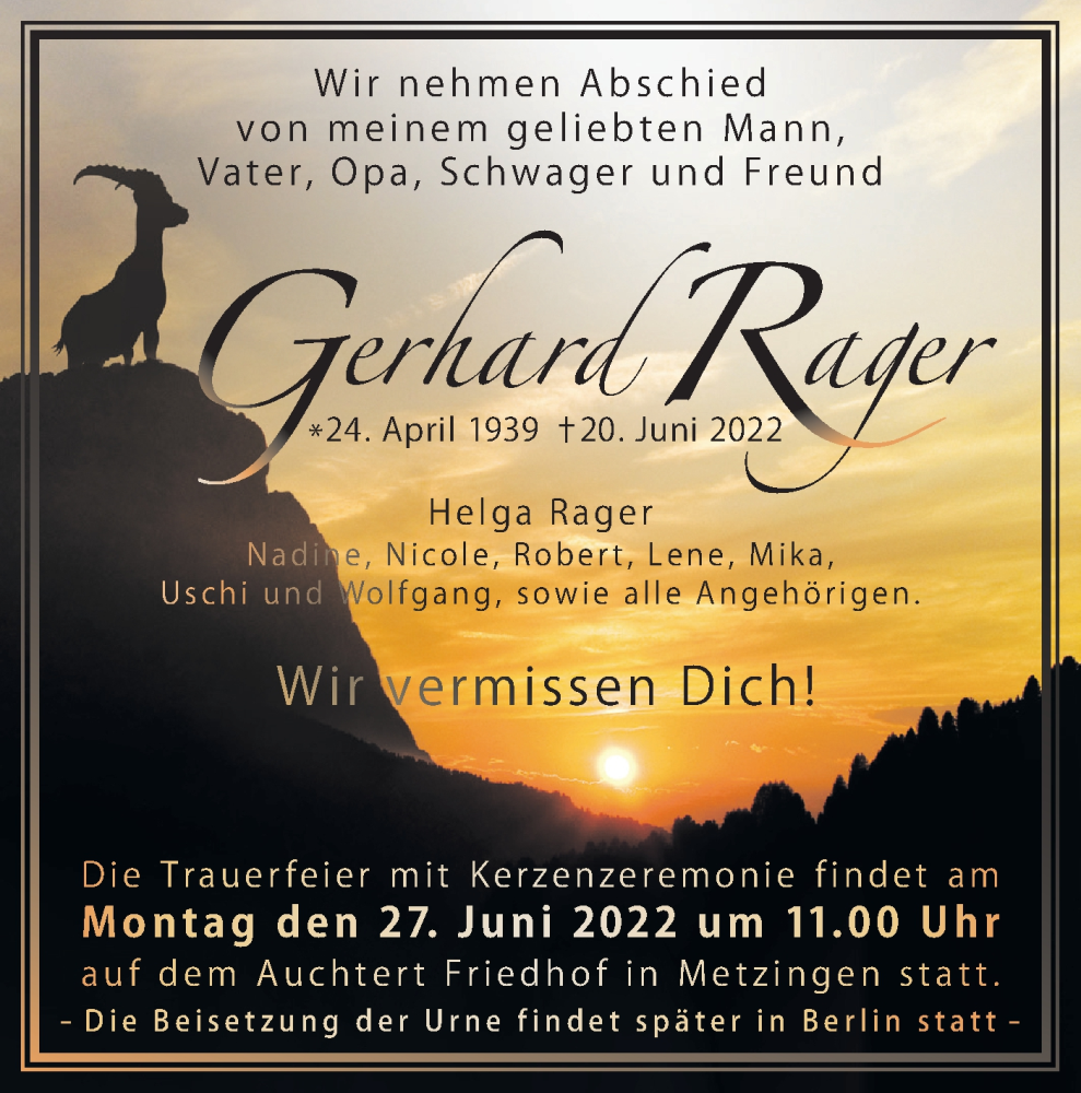  Traueranzeige für Gerhard Rager vom 24.06.2022 aus Metzinger-Uracher Volksblatt