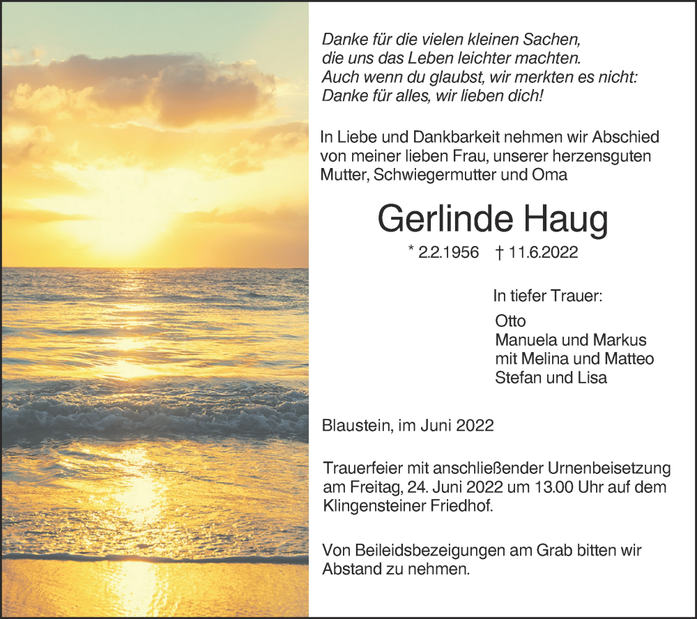  Traueranzeige für Gerlinde Haug vom 18.06.2022 aus SÜDWEST PRESSE Ausgabe Ulm/Neu-Ulm