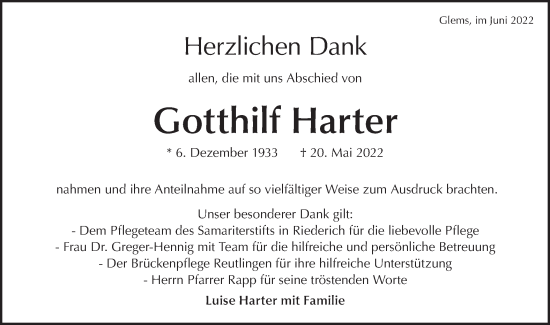 Traueranzeige von Gotthilf Harter von Metzinger-Uracher Volksblatt