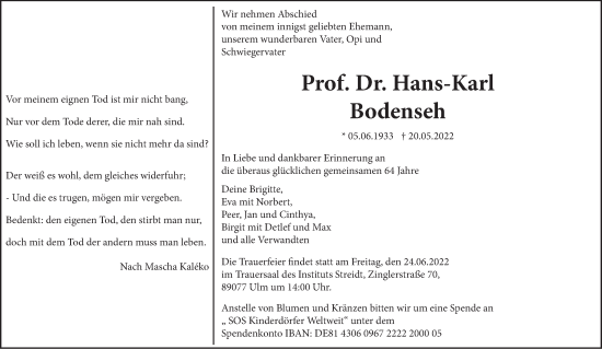 Traueranzeige von Hans-Karl Bodenseh von SÜDWEST PRESSE Ausgabe Ulm/Neu-Ulm
