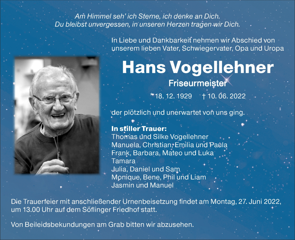  Traueranzeige für Hans Vogellehner vom 18.06.2022 aus SÜDWEST PRESSE Ausgabe Ulm/Neu-Ulm