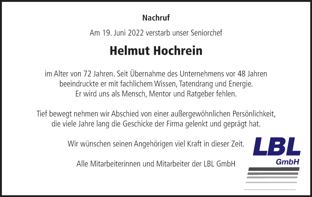  Traueranzeige für Helmut Hochrein vom 25.06.2022 aus SÜDWEST PRESSE Ausgabe Ulm/Neu-Ulm