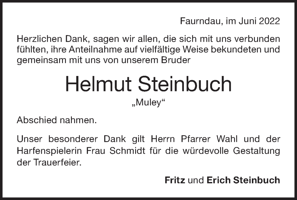  Traueranzeige für Helmut Steinbuch vom 24.06.2022 aus NWZ Neue Württembergische Zeitung