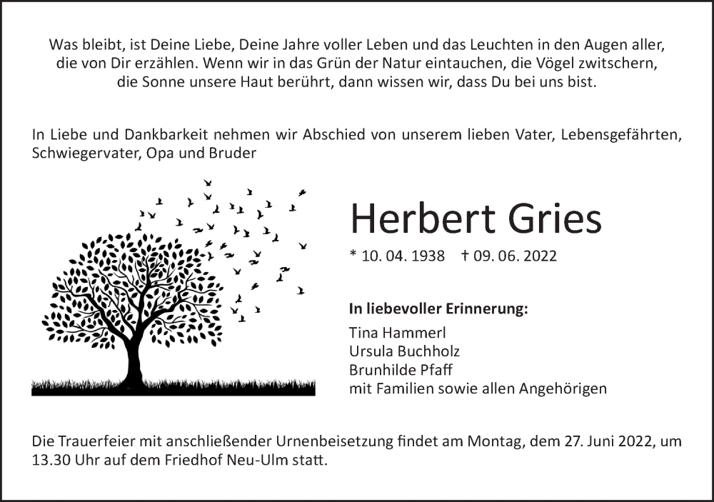  Traueranzeige für Herbert Gries vom 18.06.2022 aus SÜDWEST PRESSE Ausgabe Ulm/Neu-Ulm