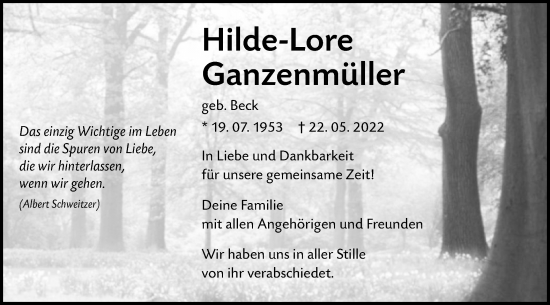 Traueranzeige von Hilde-Lore Ganzenmüller von Alb-Bote/Metzinger-Uracher Volksblatt