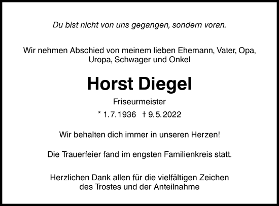 Traueranzeige von Horst Diegel von Metzinger-Uracher Volksblatt