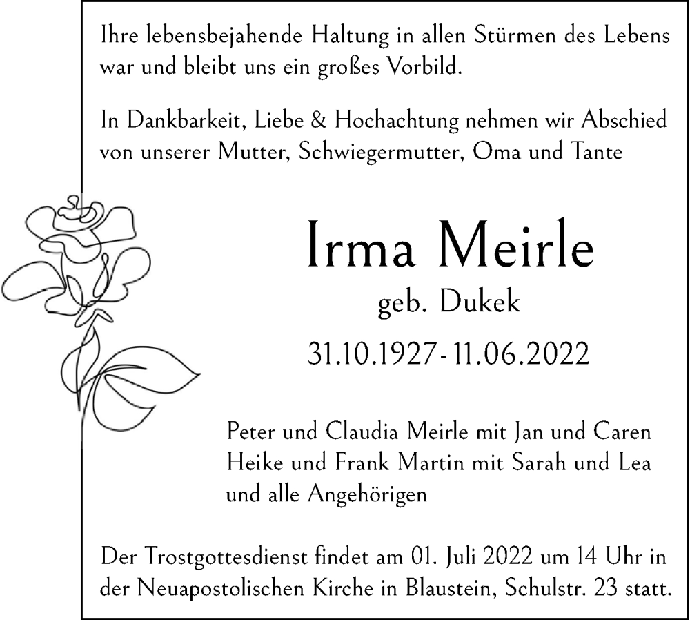  Traueranzeige für Irma Meide vom 18.06.2022 aus SÜDWEST PRESSE Ausgabe Ulm/Neu-Ulm