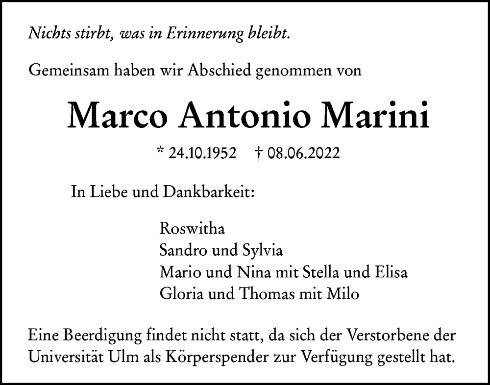  Traueranzeige für Marco Antonio Marini vom 11.06.2022 aus SÜDWEST PRESSE Ausgabe Ulm/Neu-Ulm