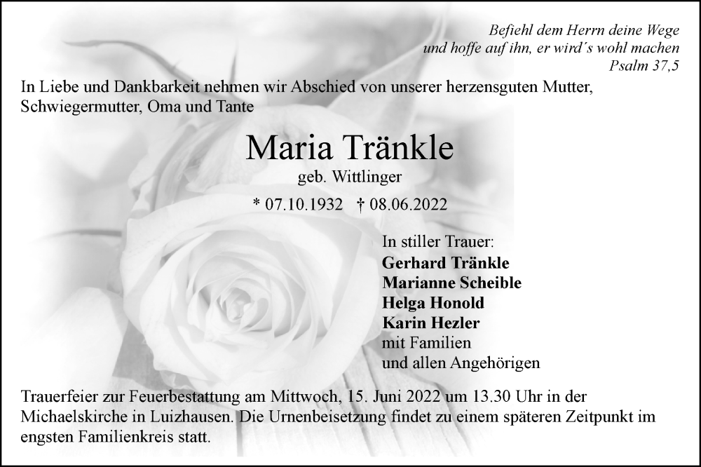  Traueranzeige für Maria Tränkle vom 11.06.2022 aus SÜDWEST PRESSE Ausgabe Ulm/Neu-Ulm