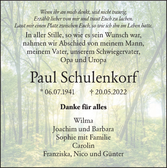 Traueranzeige von Paul Schulenkorf von SÜDWEST PRESSE Ausgabe Ulm/Neu-Ulm