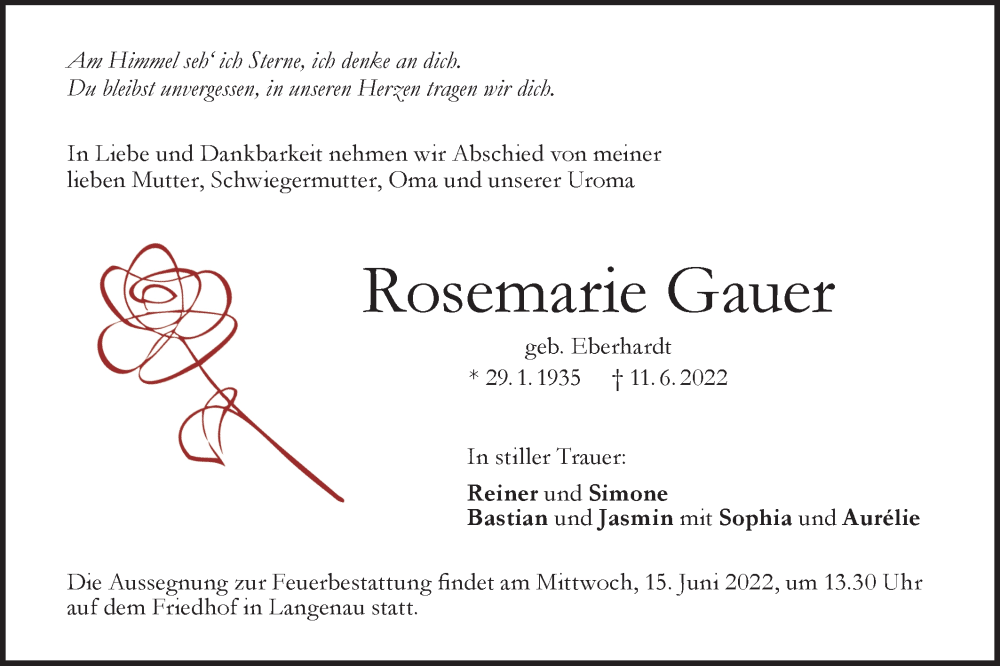  Traueranzeige für Rosemarie Gauer vom 14.06.2022 aus SÜDWEST PRESSE Ausgabe Ulm/Neu-Ulm