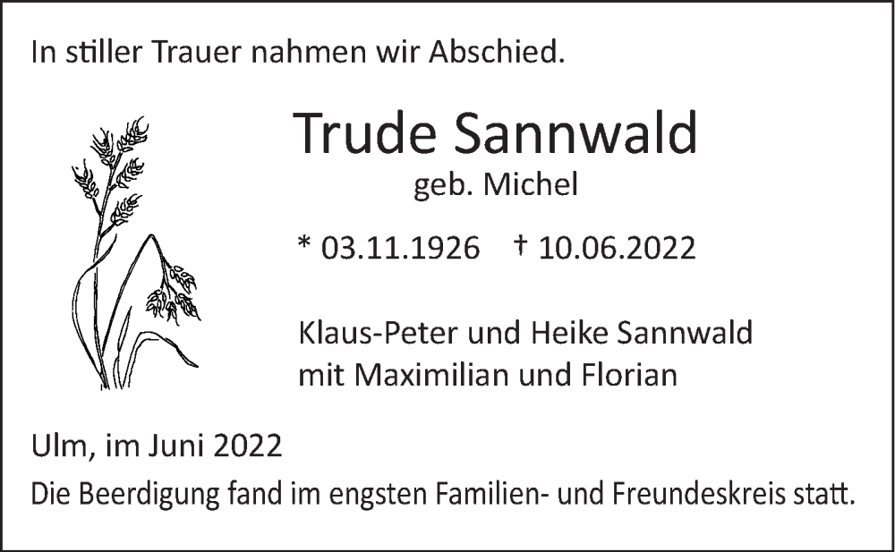  Traueranzeige für Trude Sannwald vom 23.06.2022 aus SÜDWEST PRESSE Ausgabe Ulm/Neu-Ulm