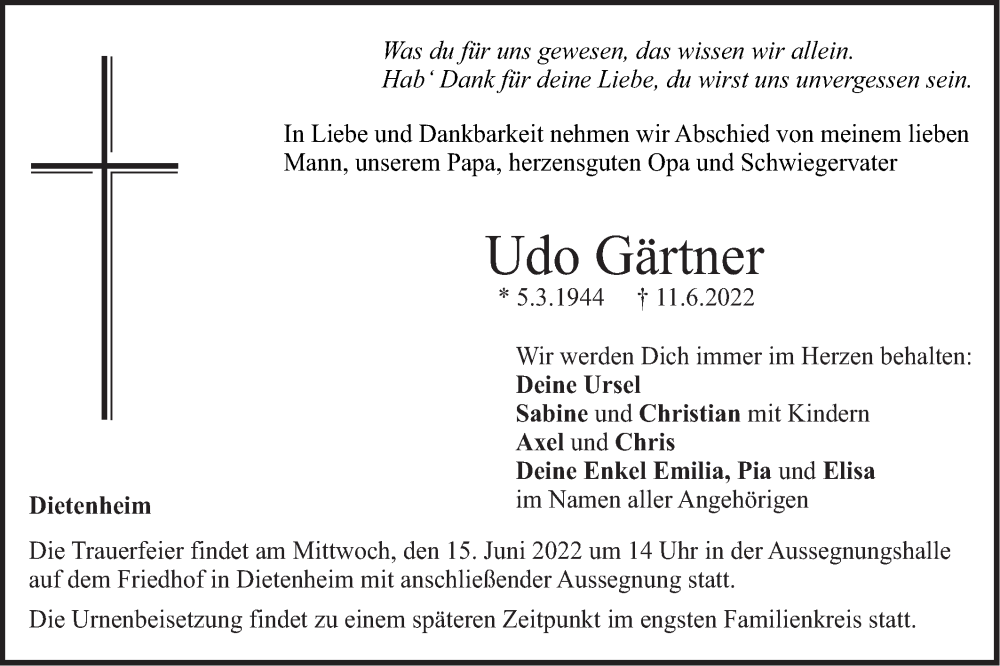  Traueranzeige für Udo Gärtner vom 14.06.2022 aus SÜDWEST PRESSE Ausgabe Ulm/Neu-Ulm